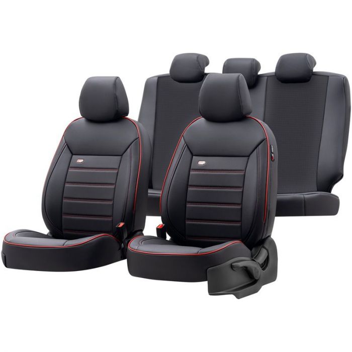 Universelle Voll-Leder Sitzbezüge 'Premium' Schwarz + Rotes Rand - 11-Teilig-  - passend für Side-Airbags AutoStyle - #1 in auto-accessoires