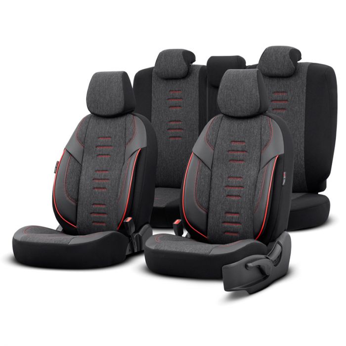 Universelle Linnen/Leder/Stoff Sitzbezüge 'Throne' Schwarz/Grau/Rot -  11-Teilig- - passend für Side-Airbags AutoStyle - #1 in auto-accessoires
